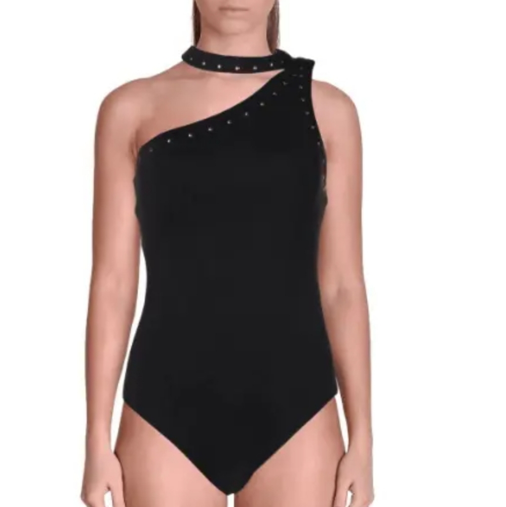 Michael Kors Womens One Shoulder Studded One-Piece Swimsuit MM9K324 Black 10 NWT